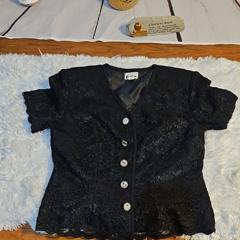 PATRA Petites Black Lace Button Up‎ Top Size 10 Career Party Size 10